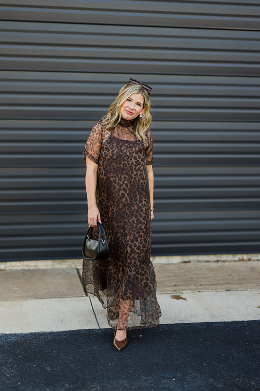 Leopard Print Sheer Overlay Maxi Dress