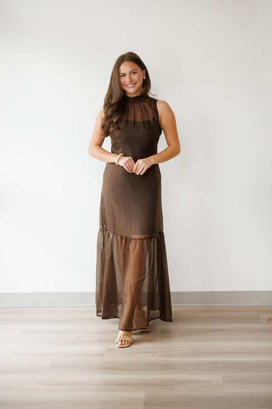 Meredith Mocha Mock Neck maxi Dress