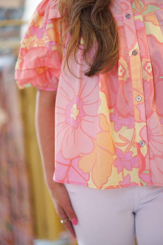 Big Floral Pastel Pleat Sleeve Top