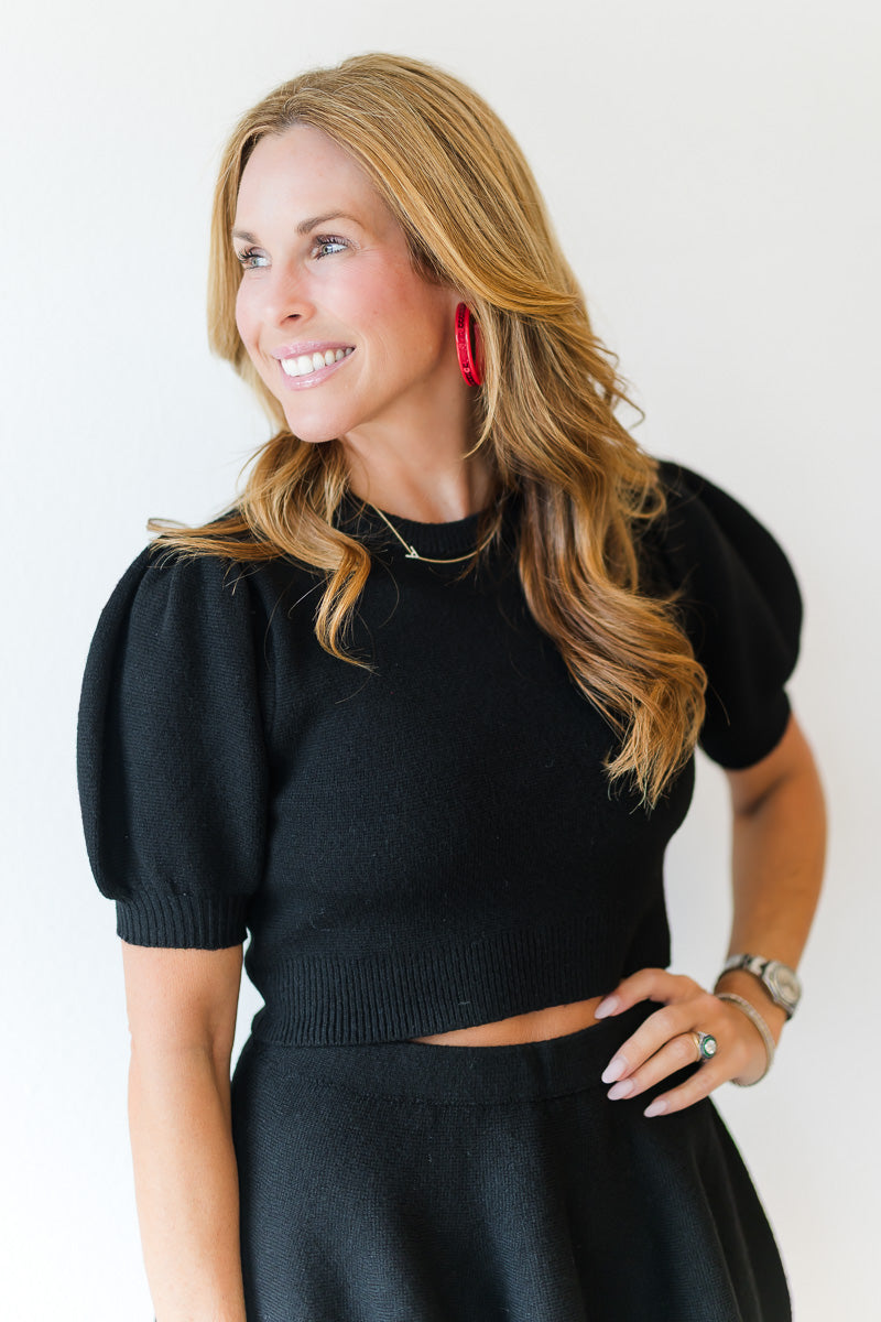 Puff SS Knit Top & Mini Skirt Set in Black