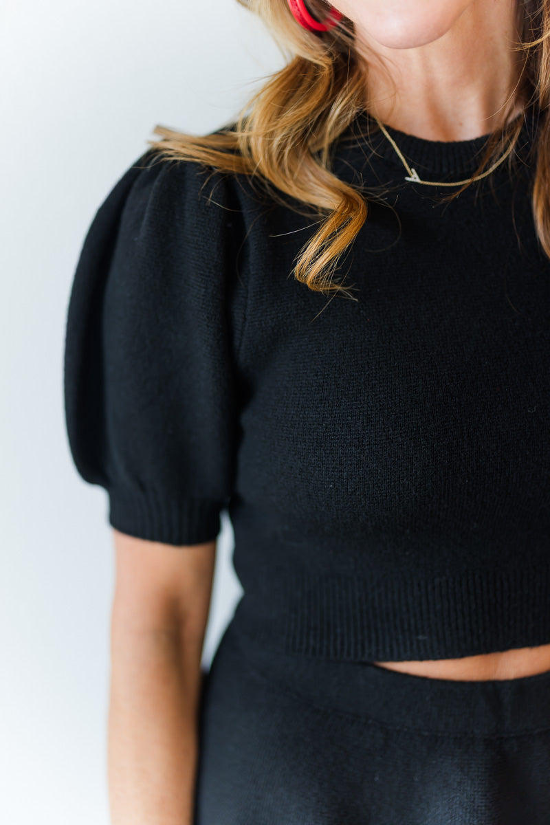Puff SS Knit Top & Mini Skirt Set in Black