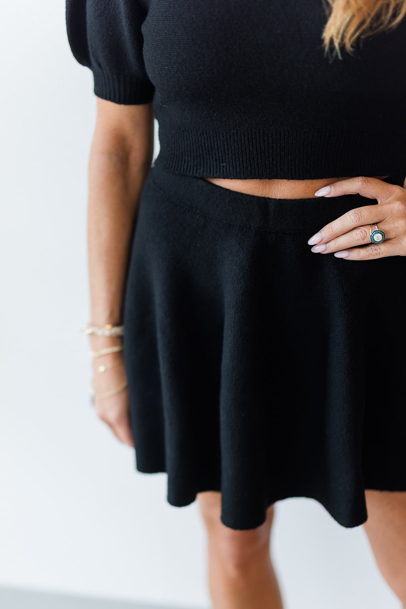 Puff SS Knit Top & Mini Skirt Set in Black