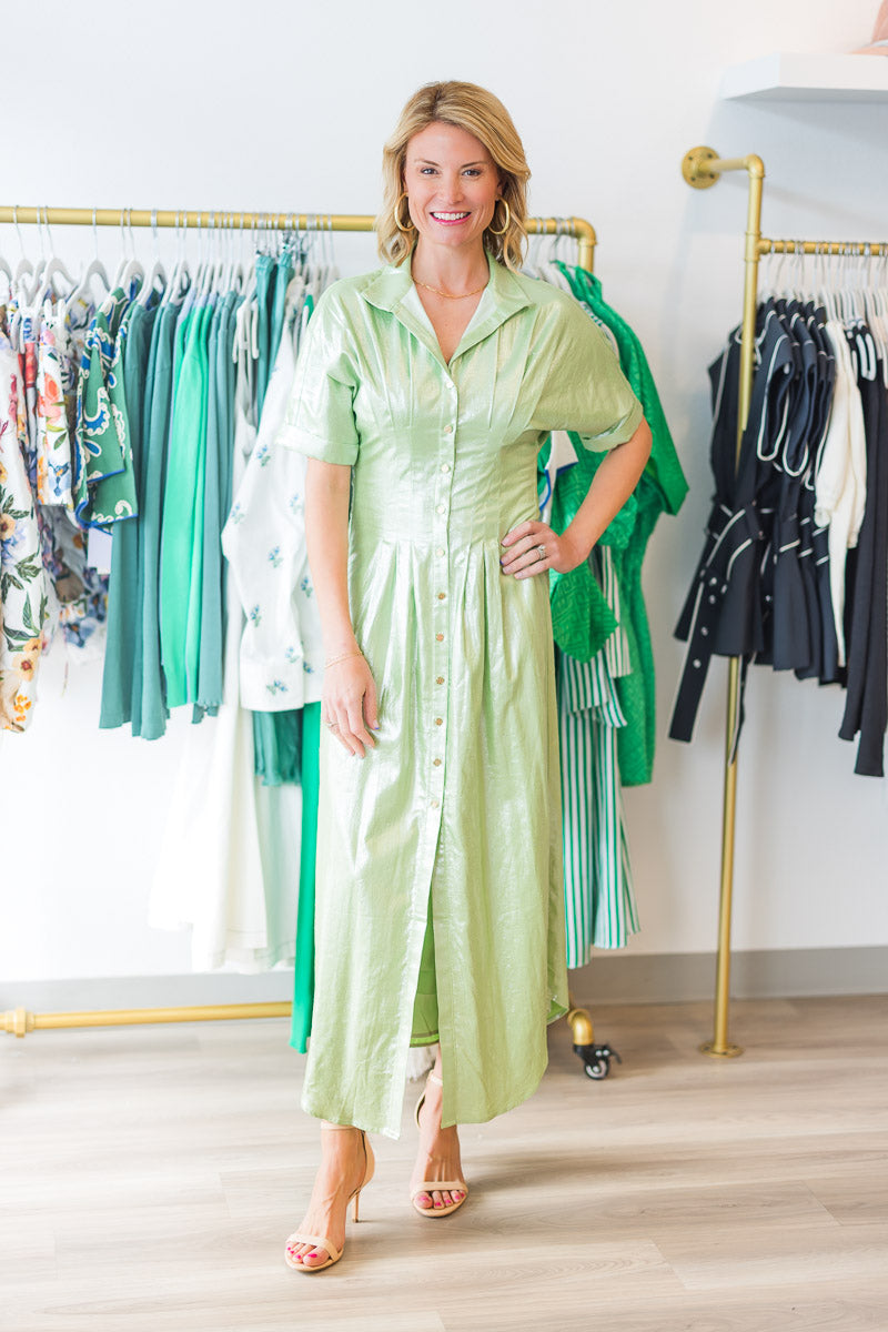 Georgia Dress in Opal Green Metallic Linen