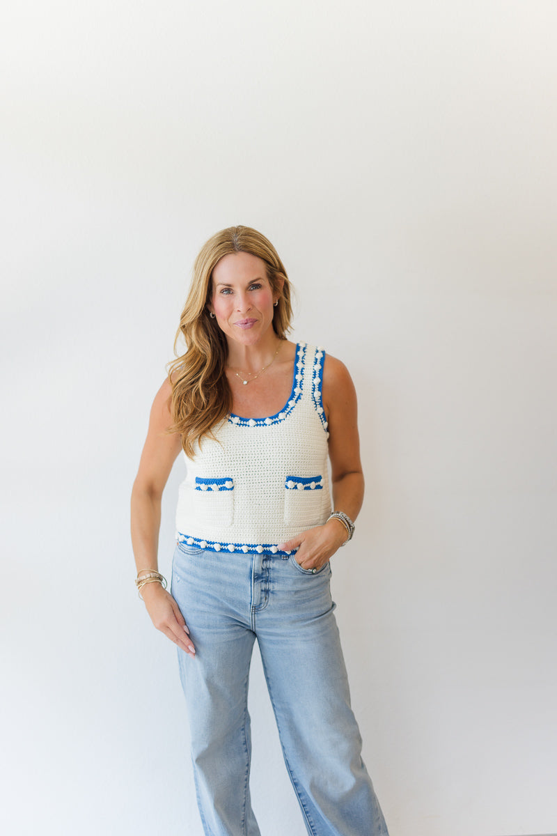 Clover Sweater Tank in White Blue