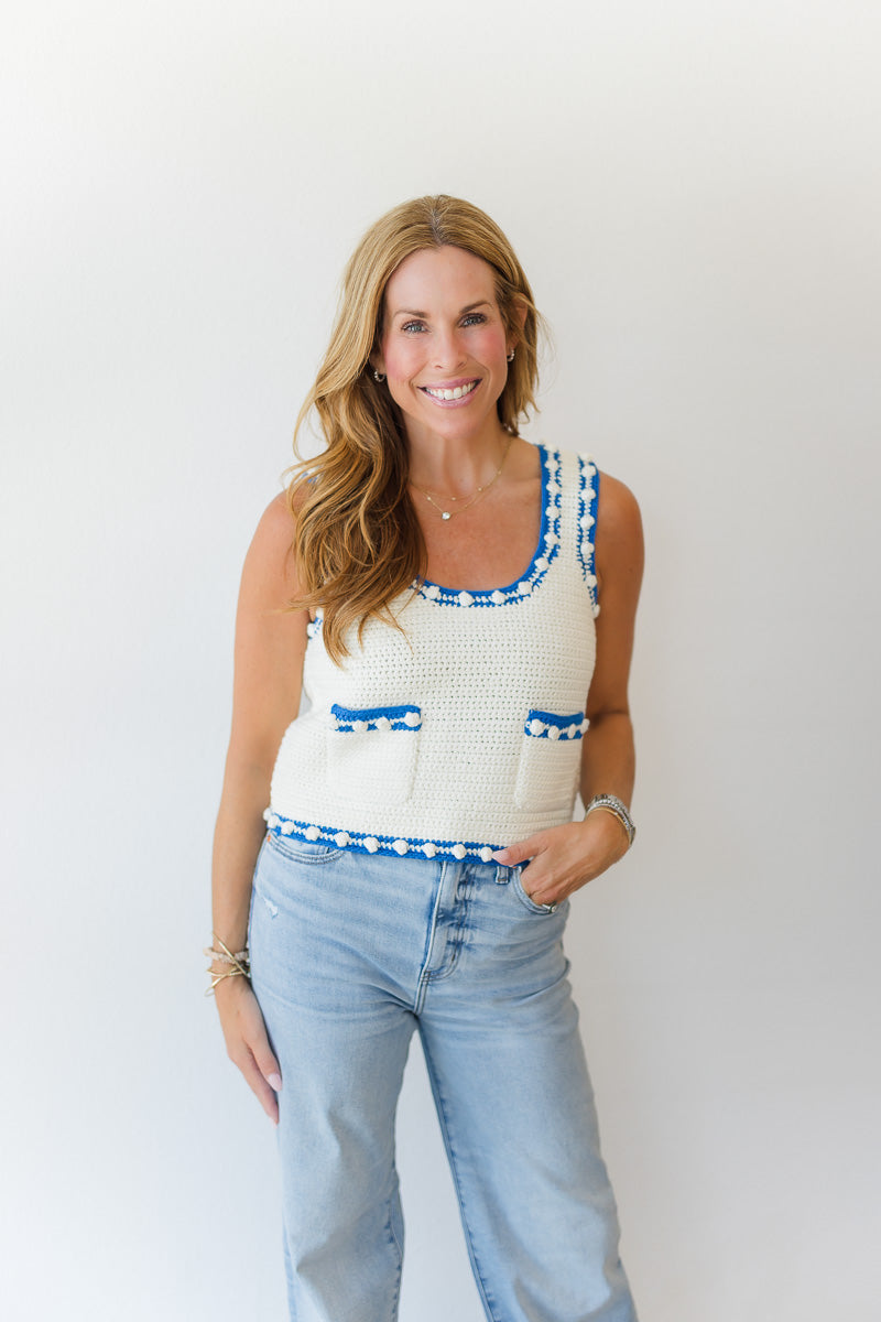 Clover Sweater Tank in White Blue