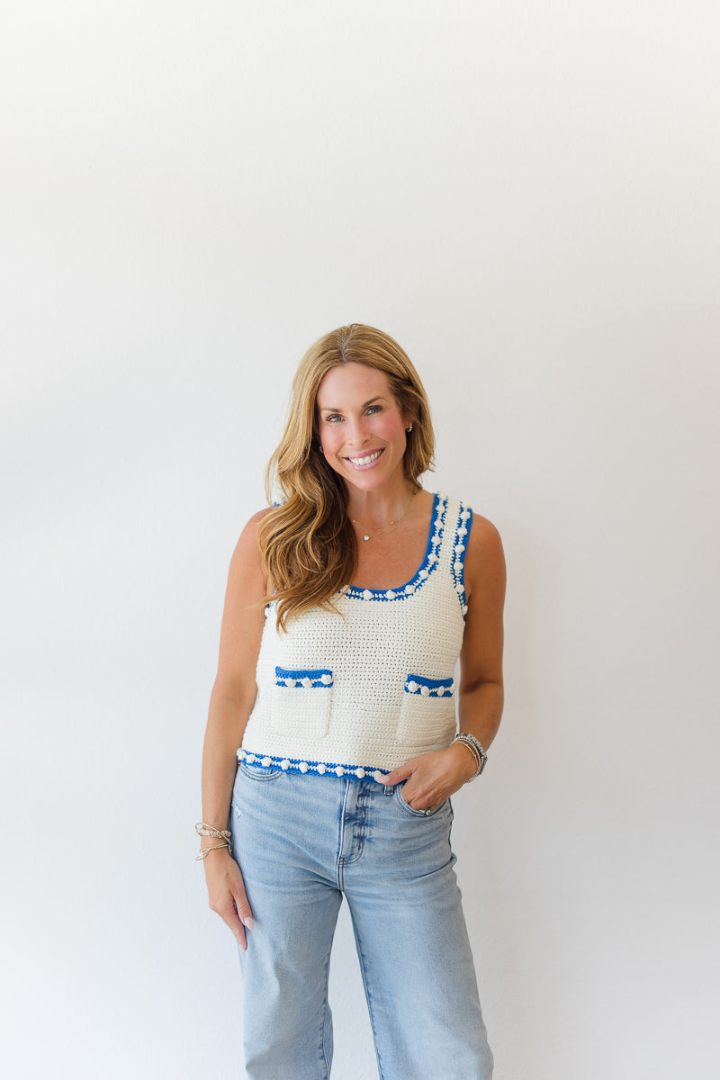 Clover Sweater Tank in White Blue