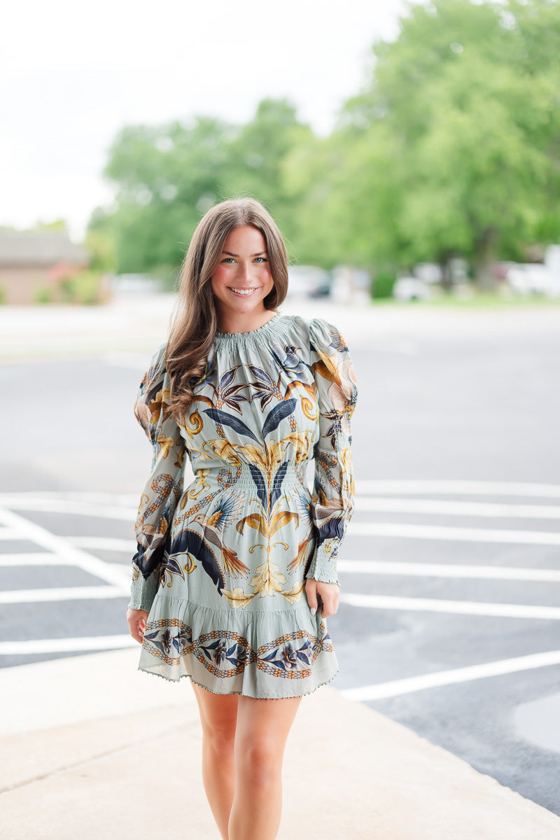 Blue Snake Garden Long Sleeve Mini Dress