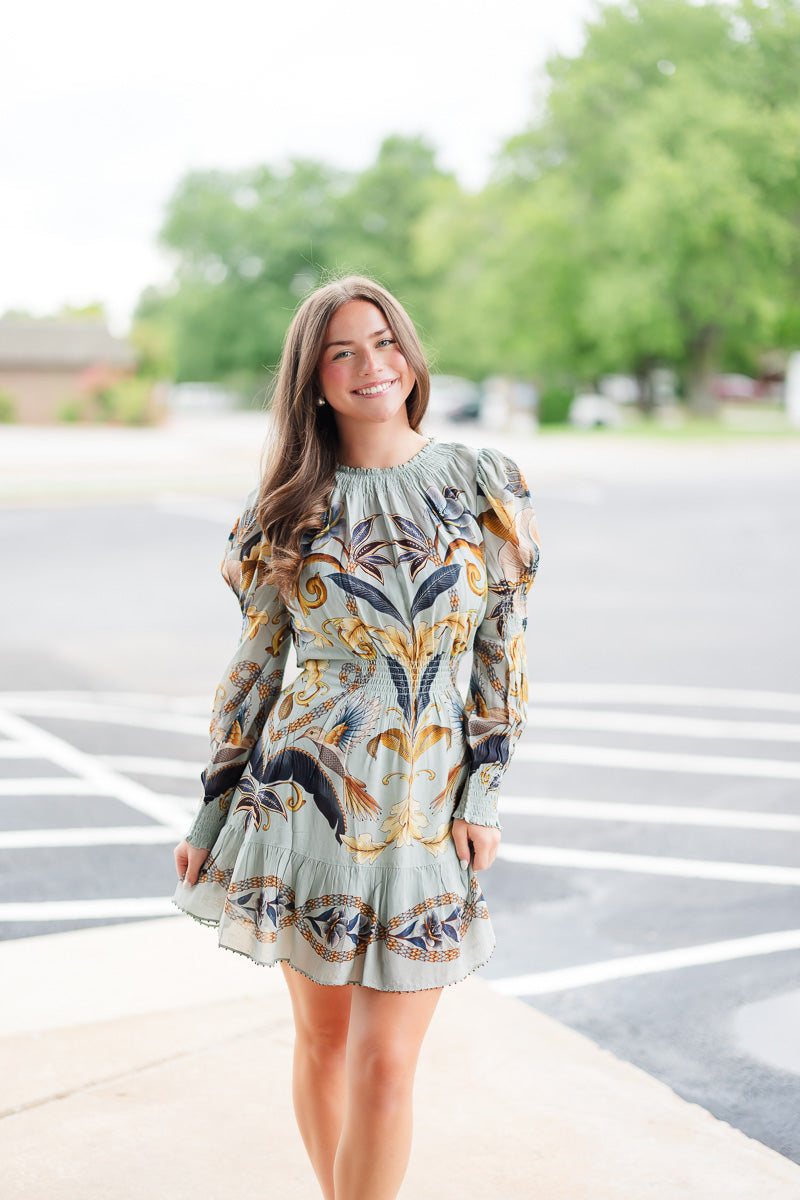 Blue Snake Garden Long Sleeve Mini Dress
