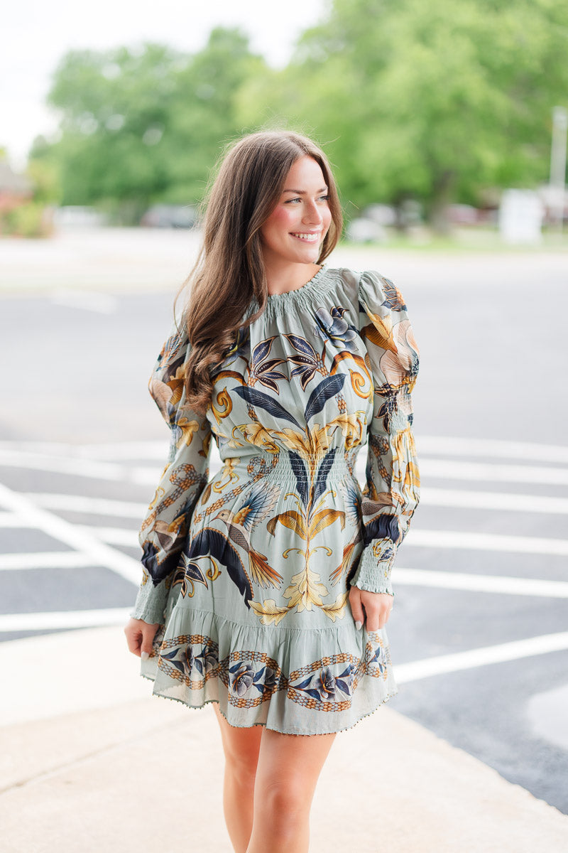 Blue Snake Garden Long Sleeve Mini Dress