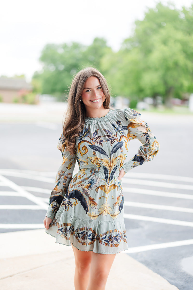 Blue Snake Garden Long Sleeve Mini Dress