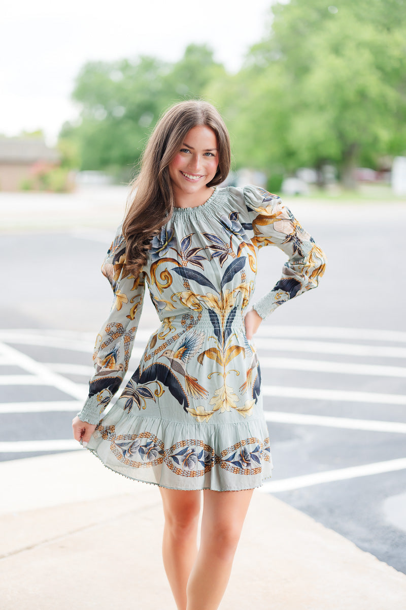 Blue Snake Garden Long Sleeve Mini Dress