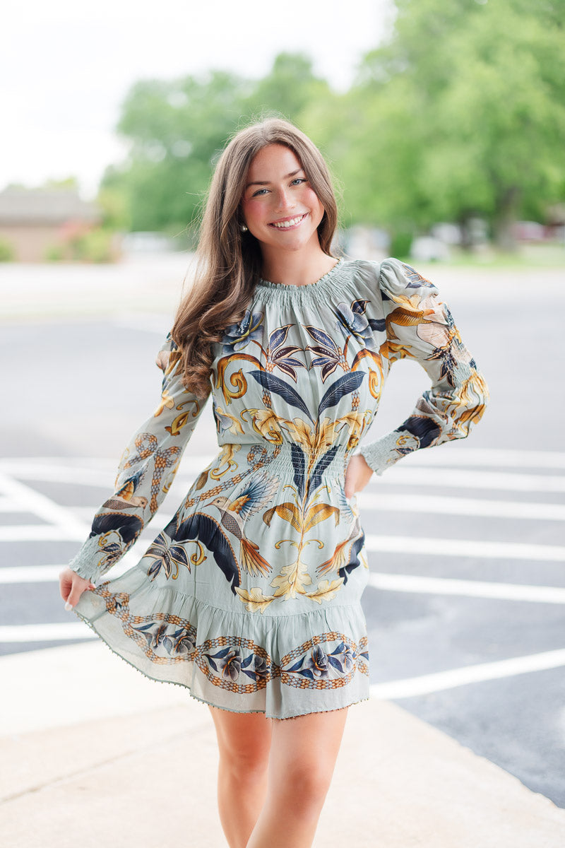 Blue Snake Garden Long Sleeve Mini Dress