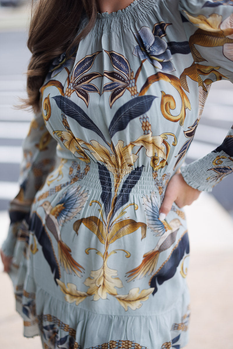 Blue Snake Garden Long Sleeve Mini Dress