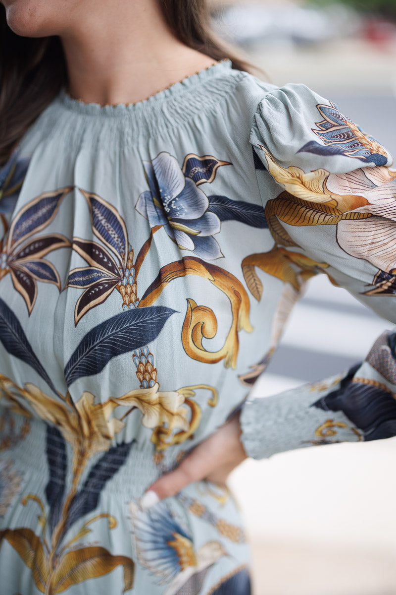 Blue Snake Garden Long Sleeve Mini Dress