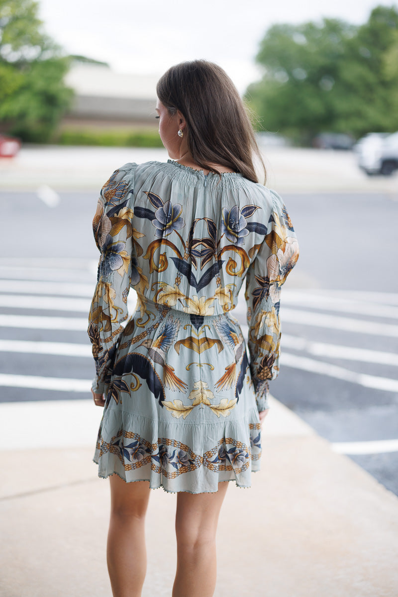 Blue Snake Garden Long Sleeve Mini Dress