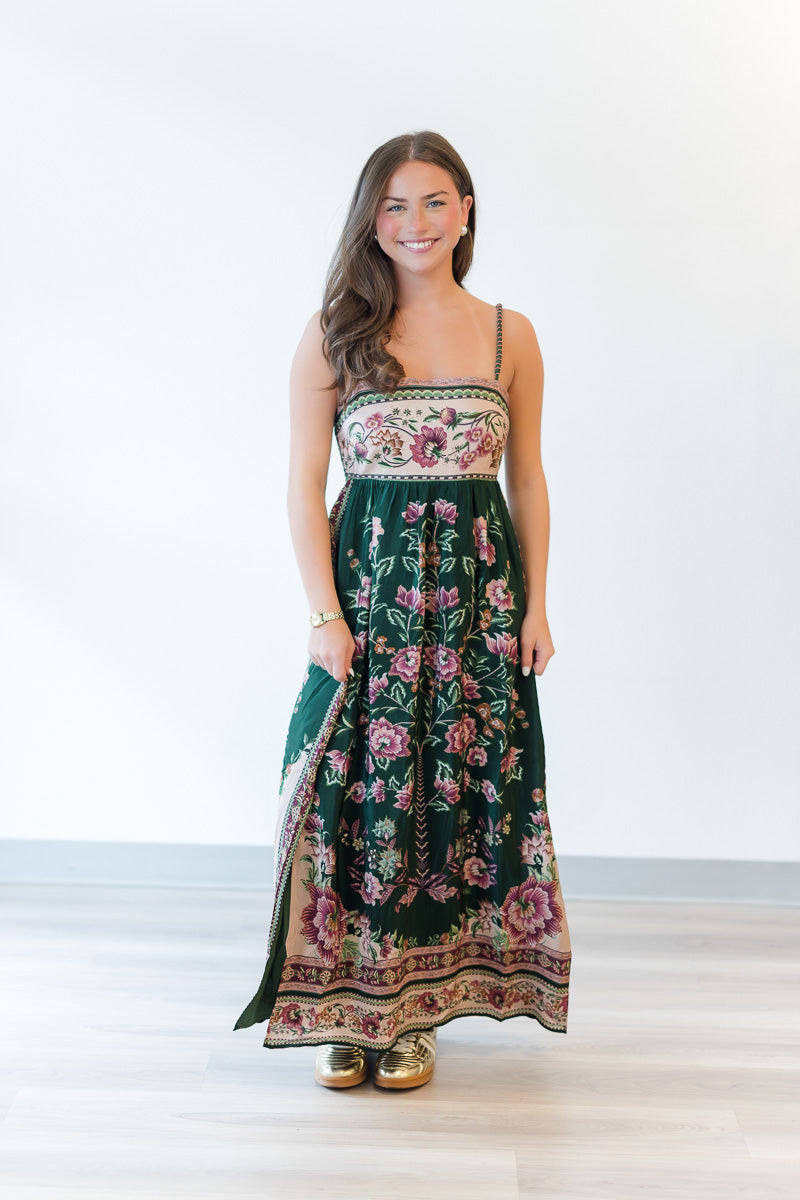 Green Flowering Garden Tree Sleveeless Midi Dress
