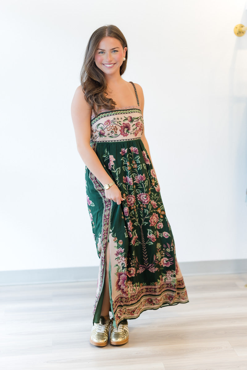 Green Flowering Garden Tree Sleveeless Midi Dress