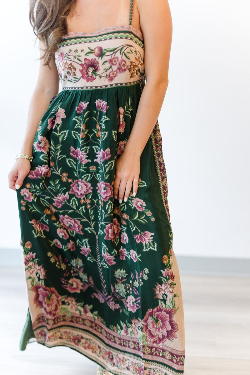 Green Flowering Garden Tree Sleveeless Midi Dress