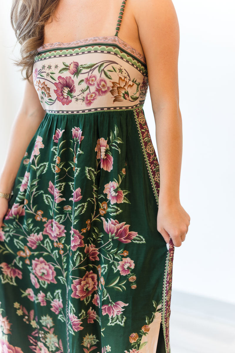 Green Flowering Garden Tree Sleveeless Midi Dress