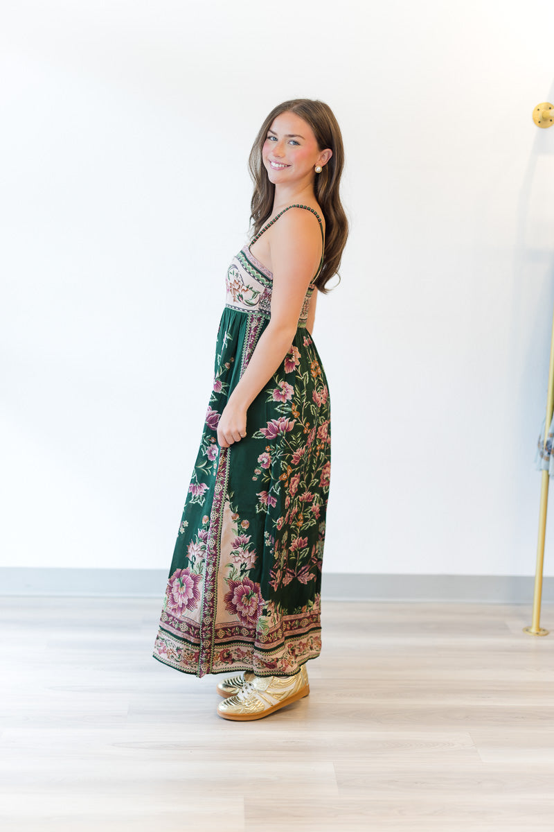 Green Flowering Garden Tree Sleveeless Midi Dress