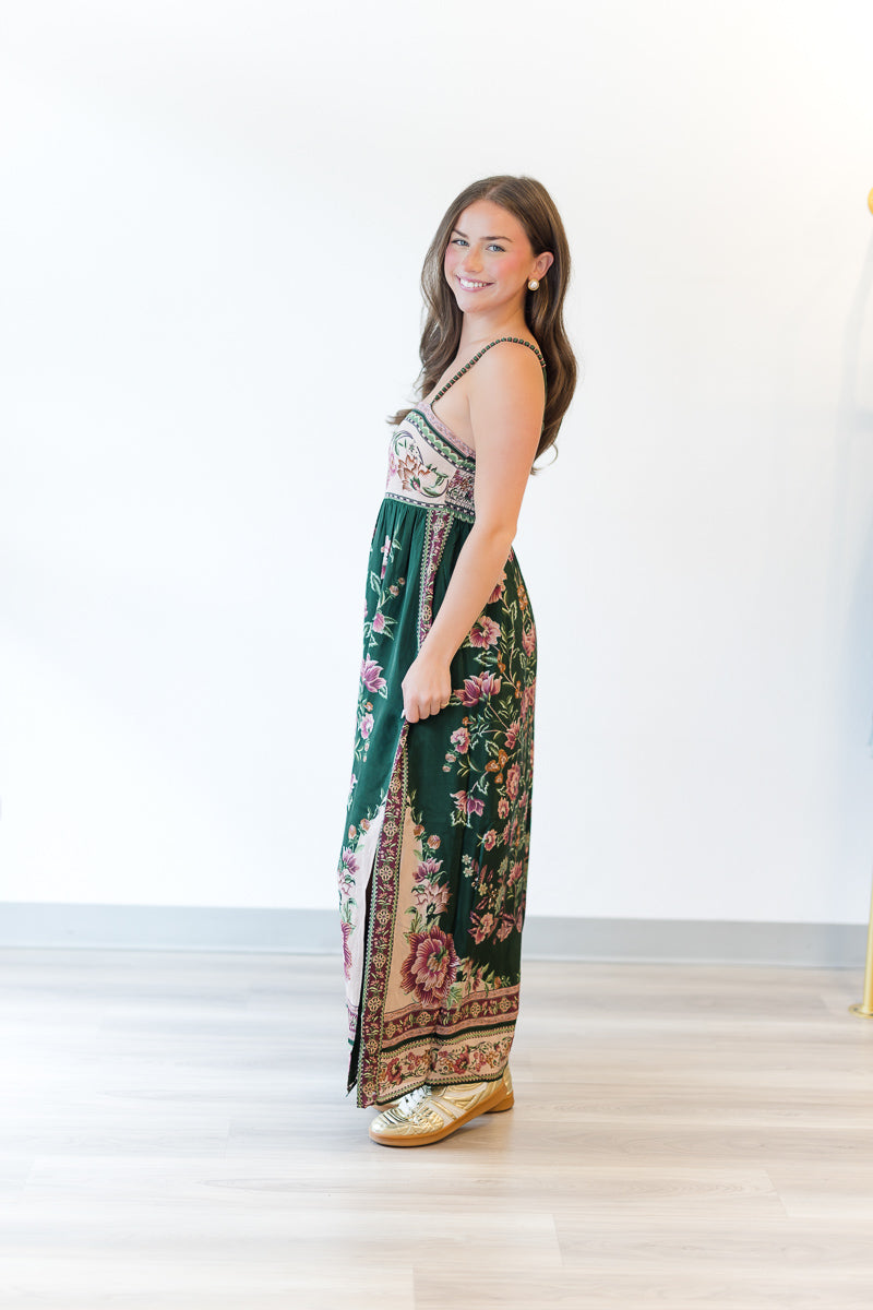 Green Flowering Garden Tree Sleveeless Midi Dress