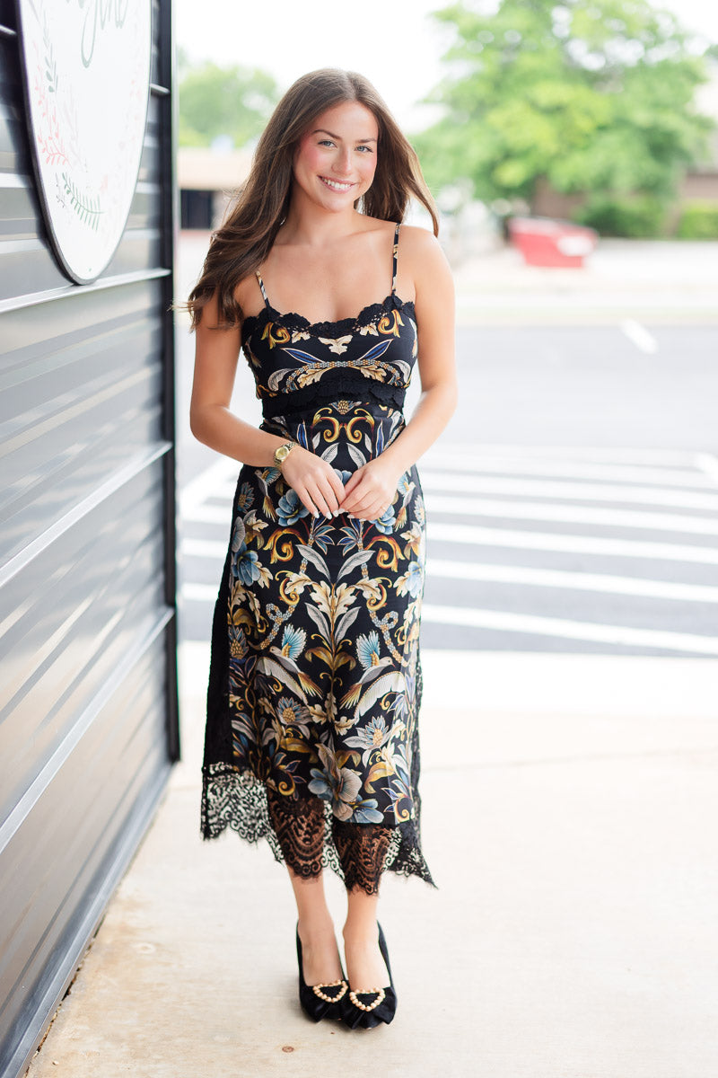 Black Flowerful Garden Midi Dress