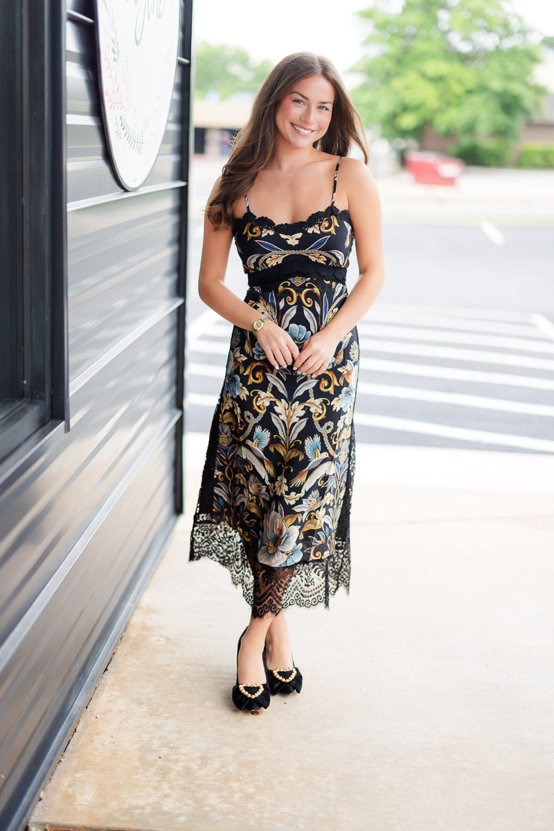 Black Flowerful Garden Midi Dress