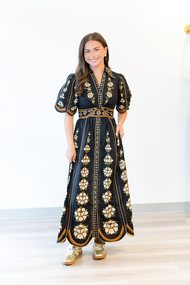Midi Embroidered Flowers Dress in Black