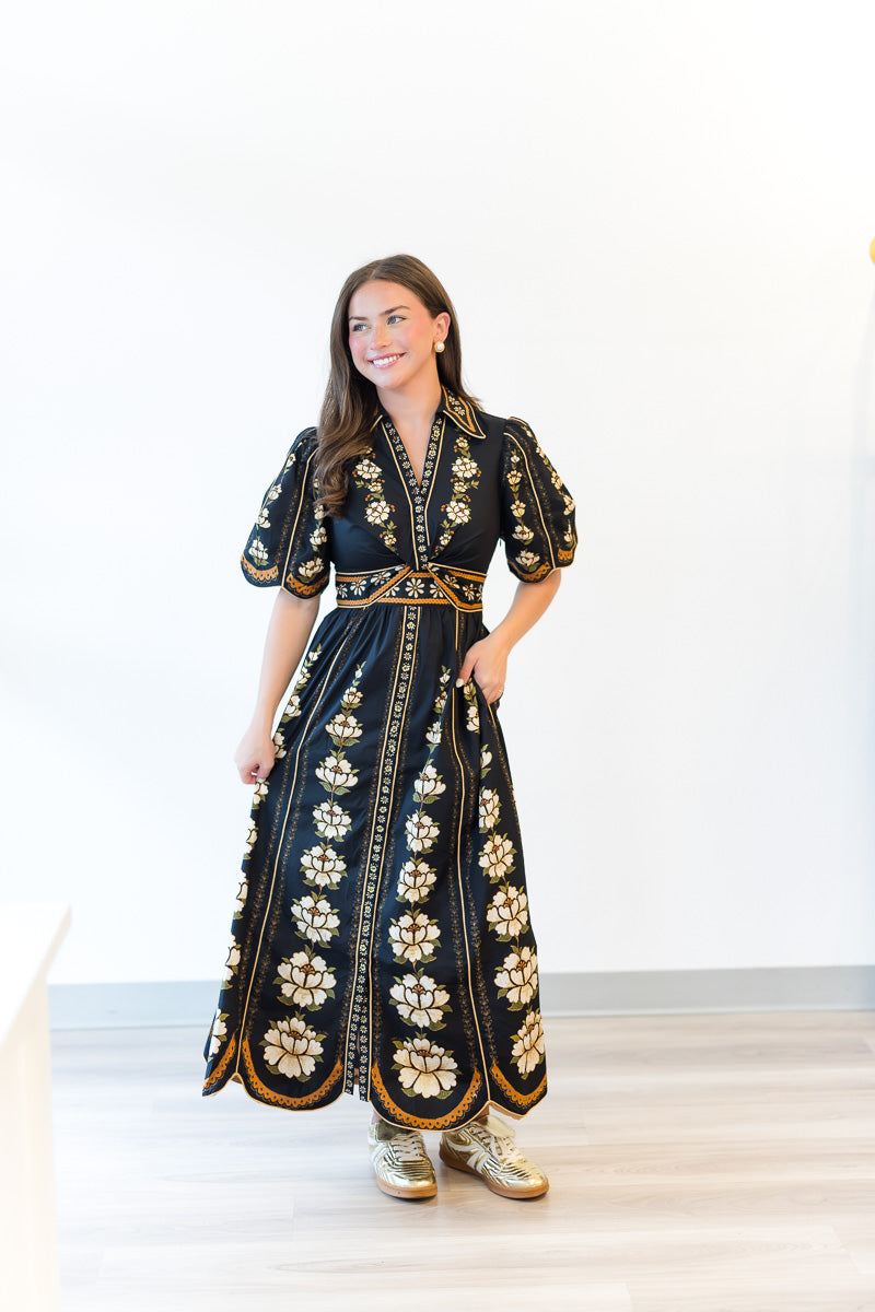 Midi Embroidered Flowers Dress in Black