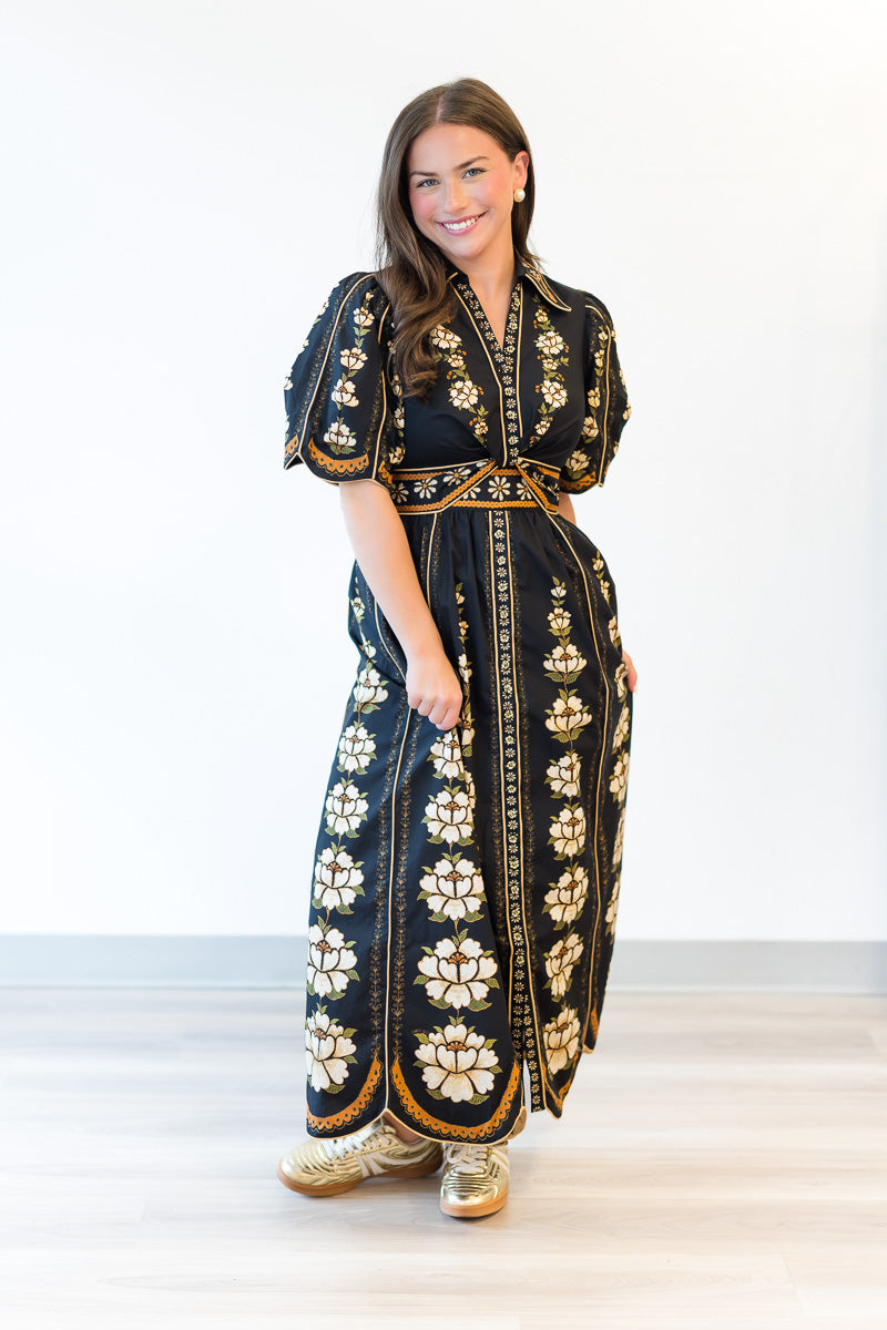 Midi Embroidered Flowers Dress in Black