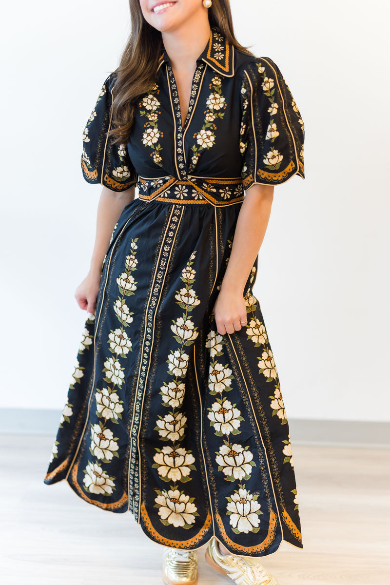 Midi Embroidered Flowers Dress in Black