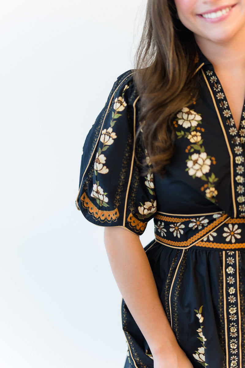 Midi Embroidered Flowers Dress in Black