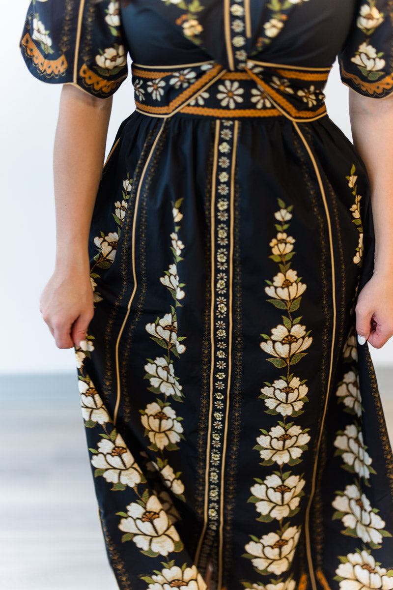 Midi Embroidered Flowers Dress in Black