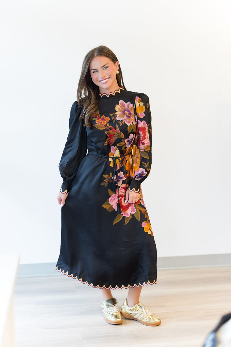 Chenille Flowers Midi Dress in Black