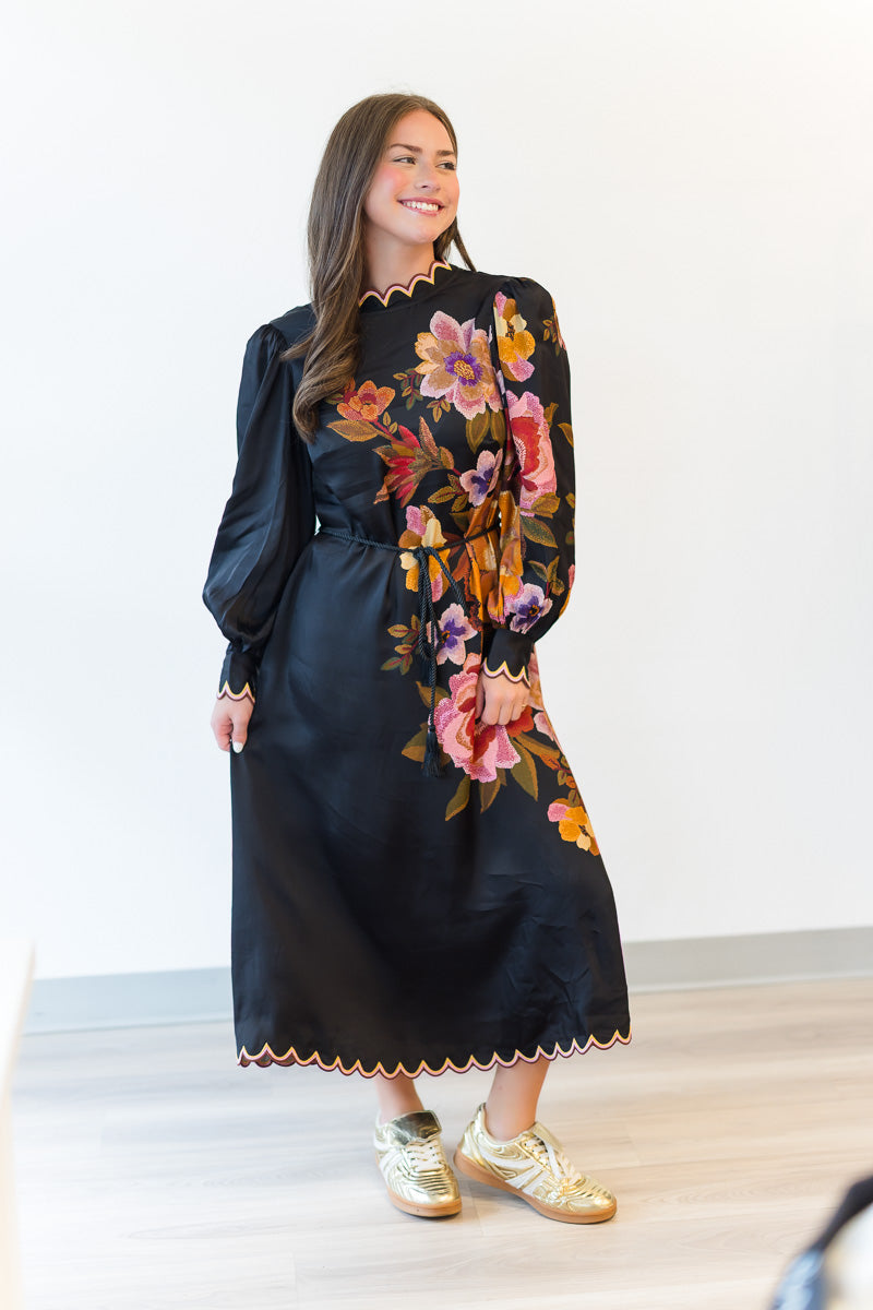 Chenille Flowers Midi Dress in Black