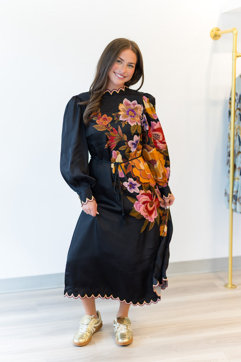 Chenille Flowers Midi Dress in Black