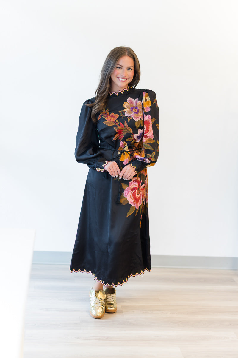 Chenille Flowers Midi Dress in Black