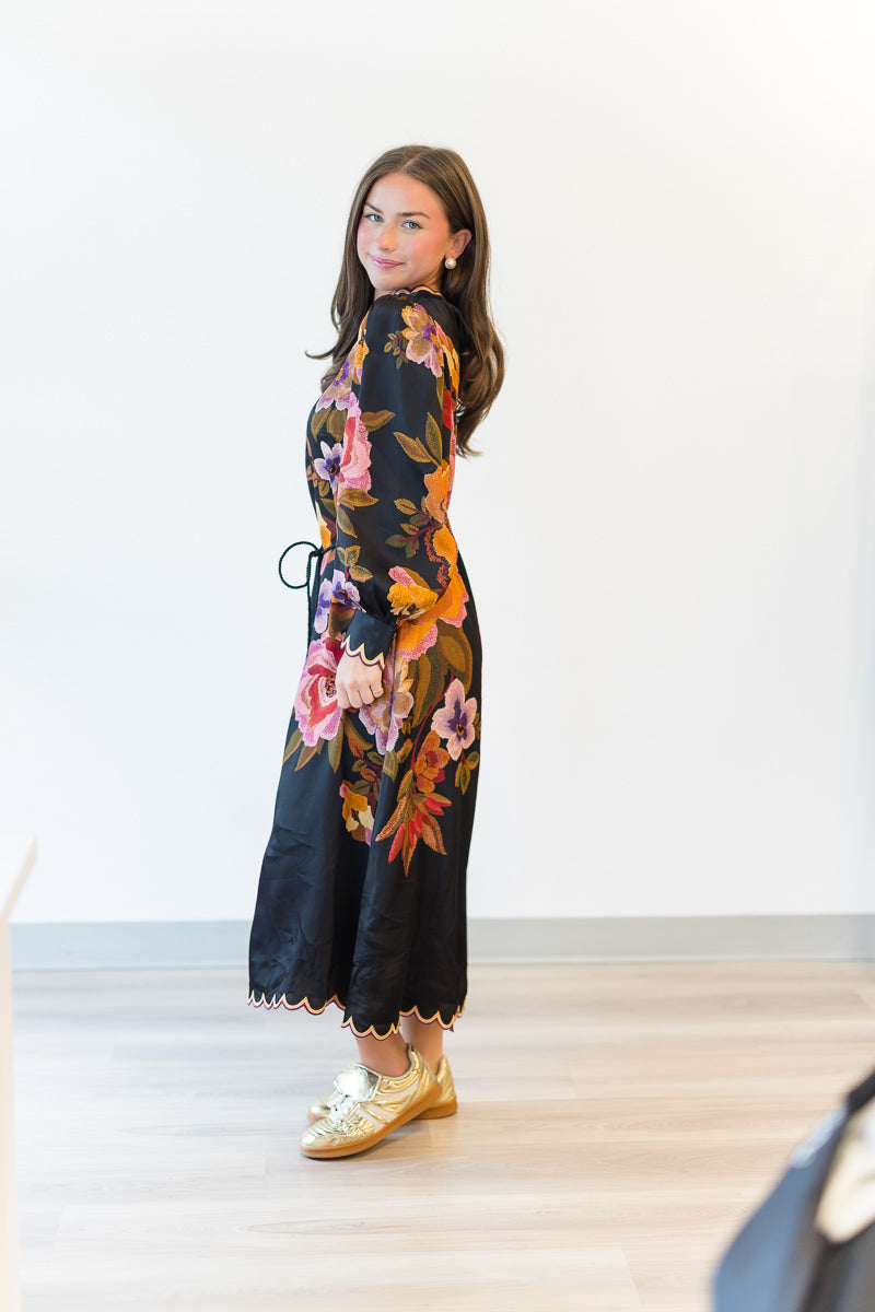 Chenille Flowers Midi Dress in Black