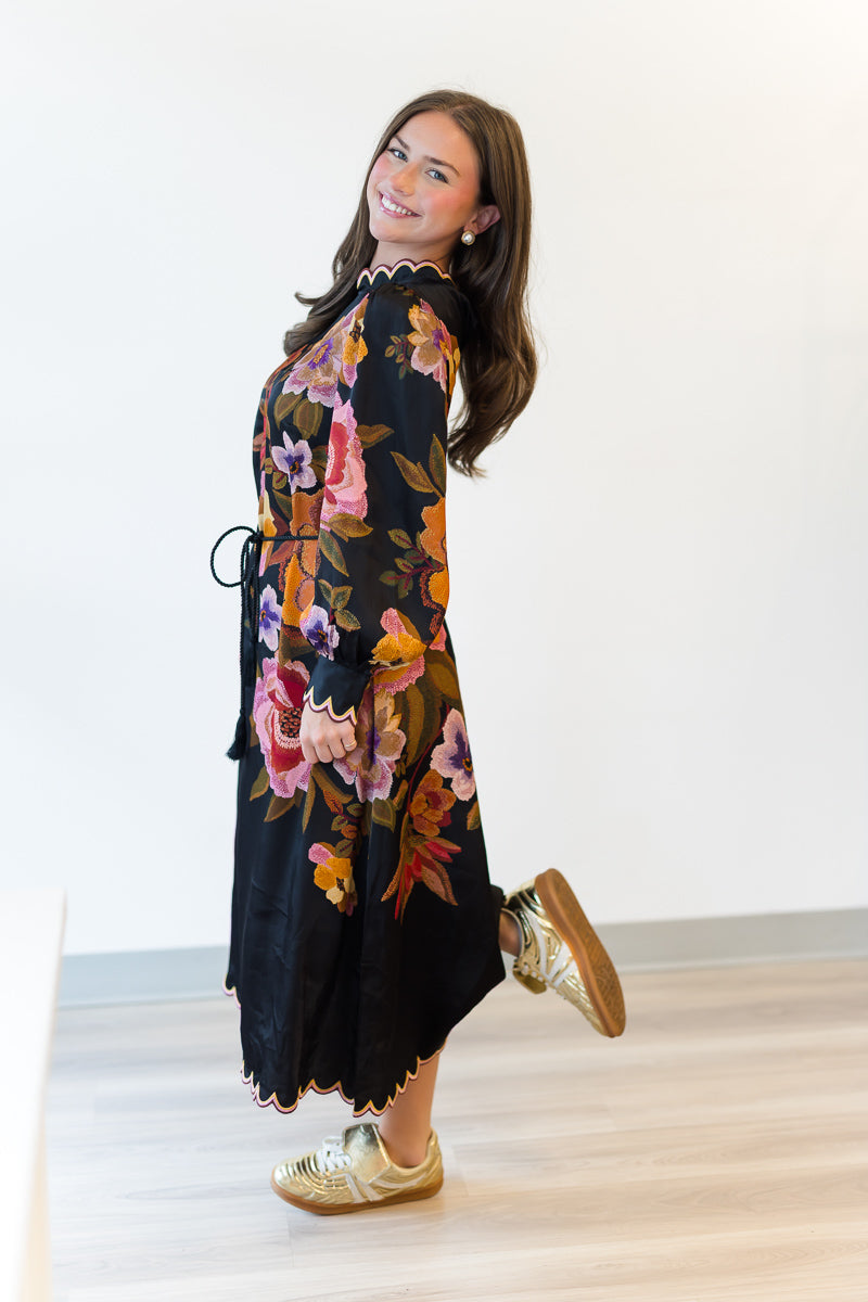 Chenille Flowers Midi Dress in Black