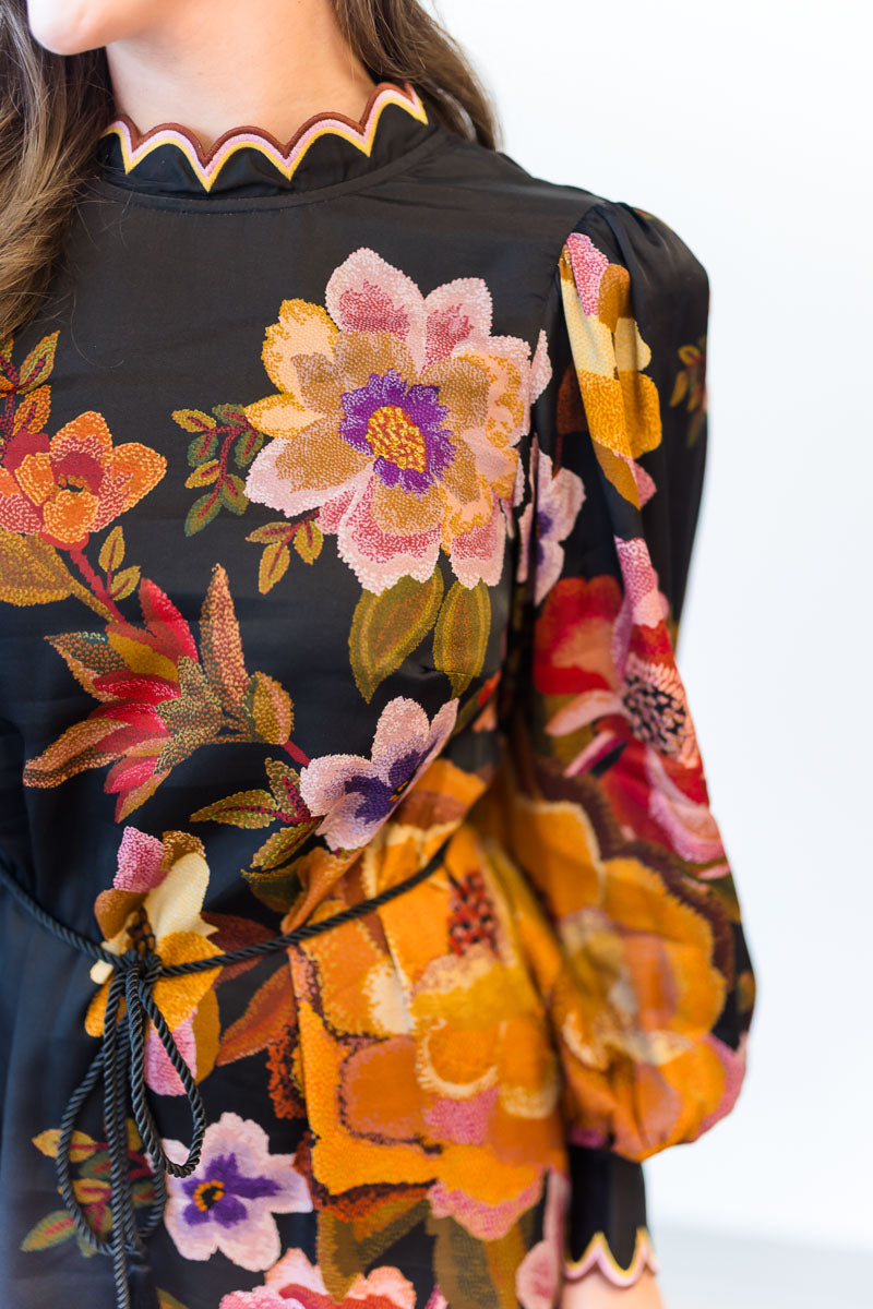 Chenille Flowers Midi Dress in Black
