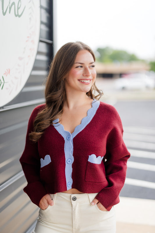 Scallop Edge Cardigan in Wine