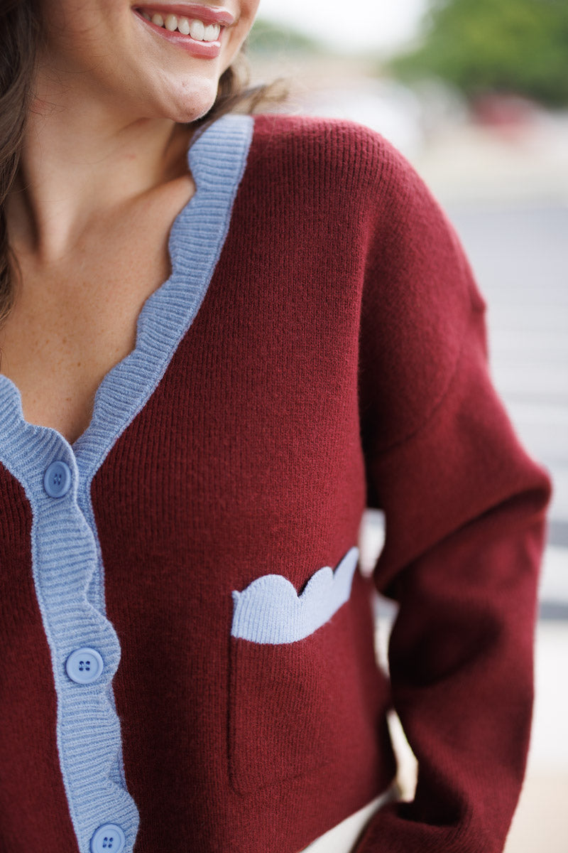 Scallop Edge Cardigan in Wine