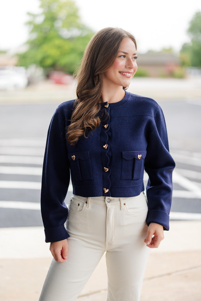 Knit Jacket w/Scallop Edge in Navy