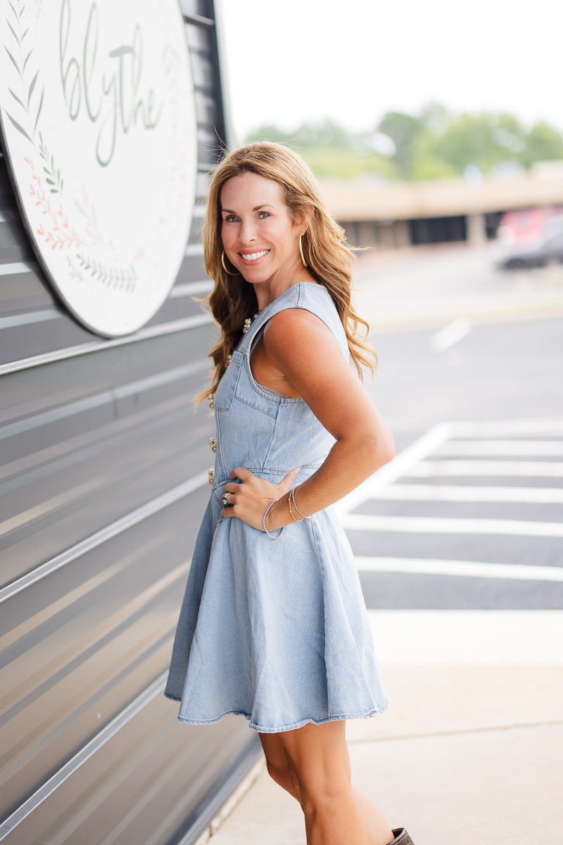 Jeweled Button Denim Dress