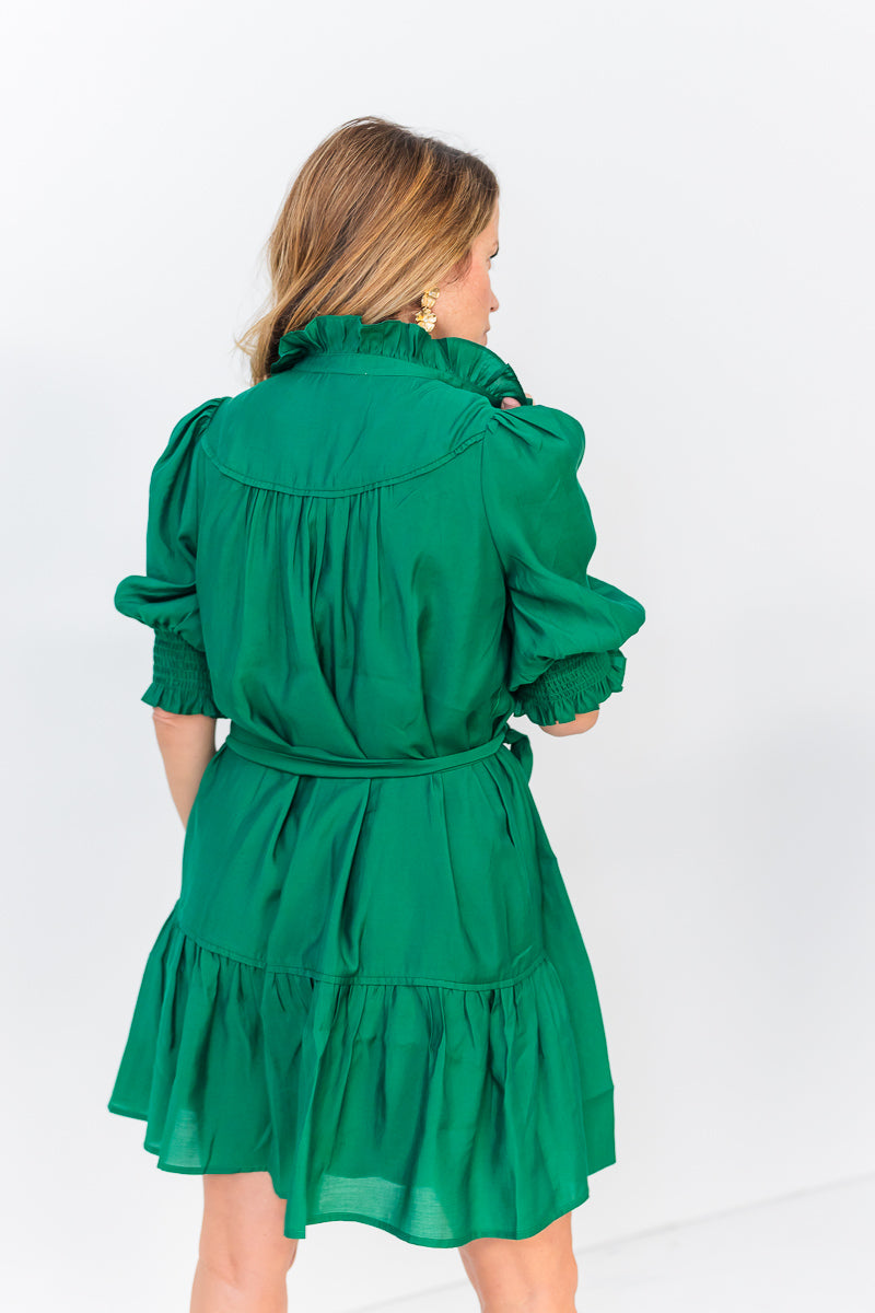 FINAL SALE Yoke Buttons Flounce Dress in Emerald