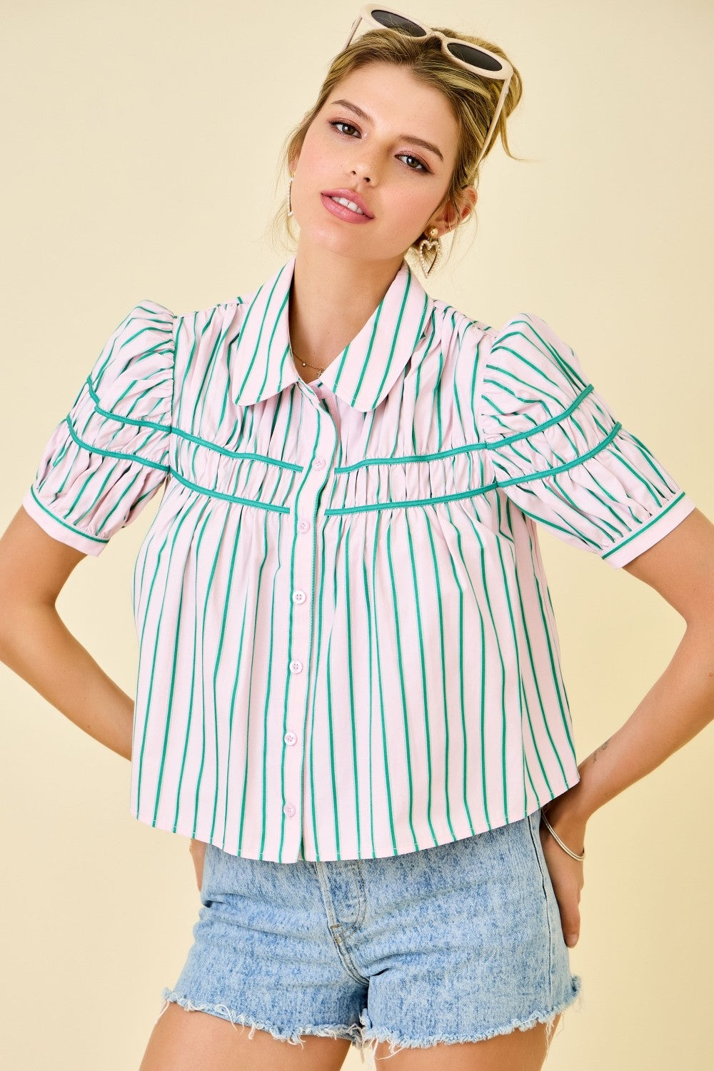 Stripe Button Down in Green/Pink