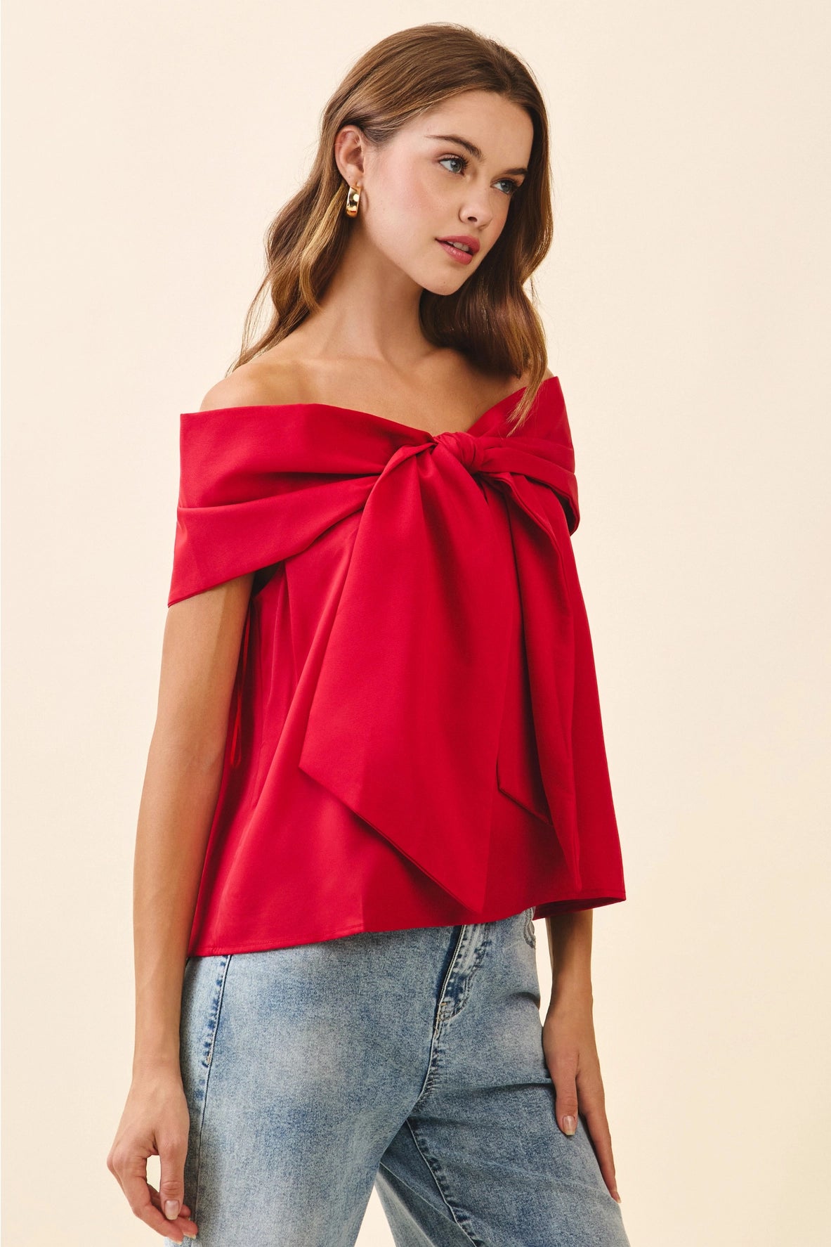 Bow Off The Shoulder Top in Red