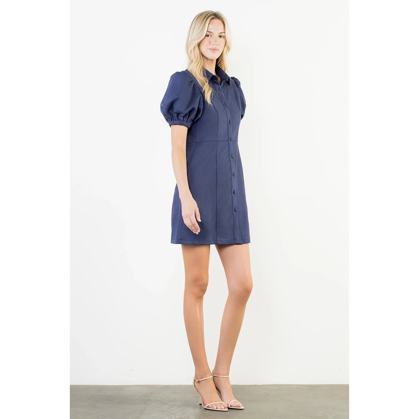 Puff Sleeve Button Up Suede Dress in Navy