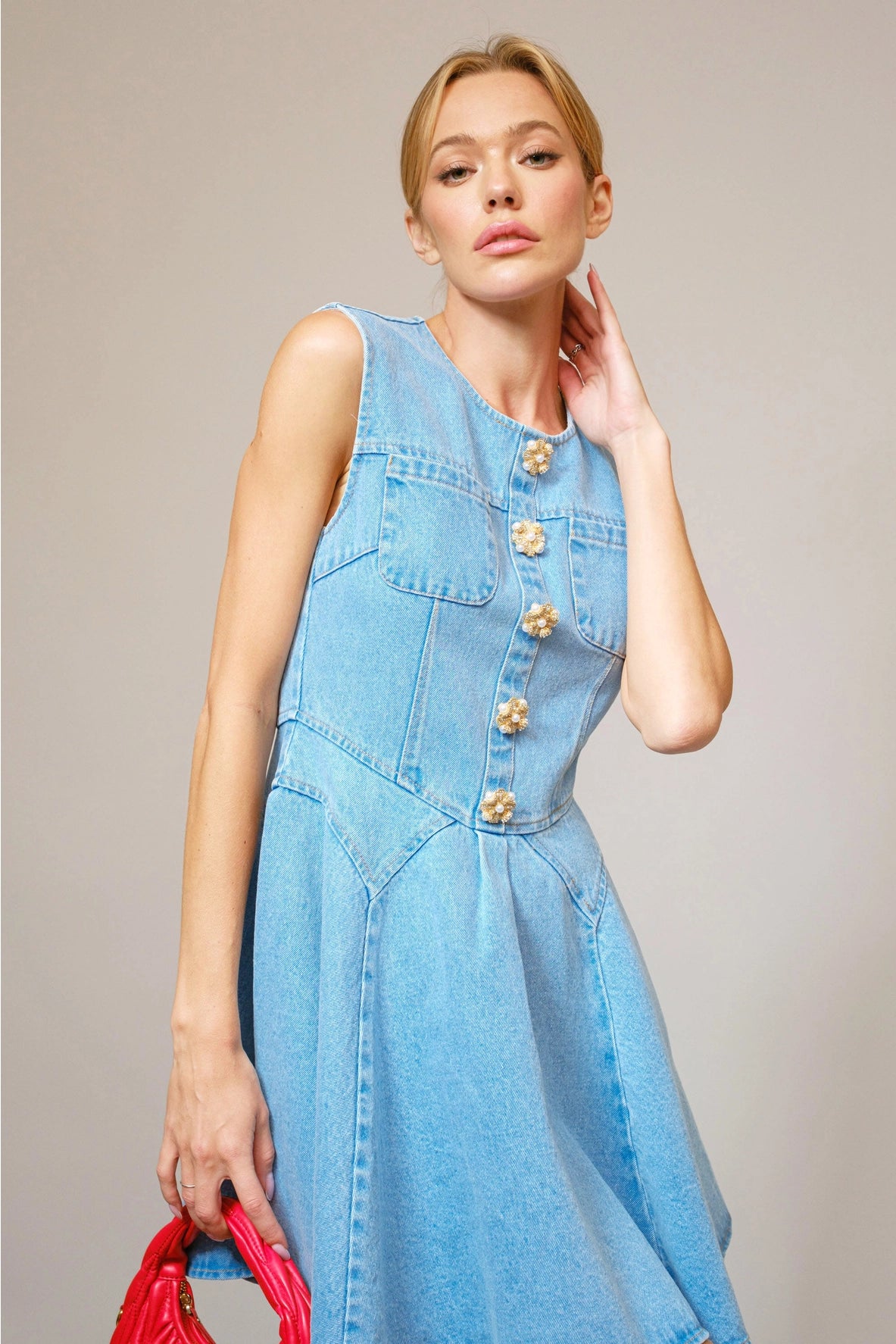 Jeweled Button Denim Dress