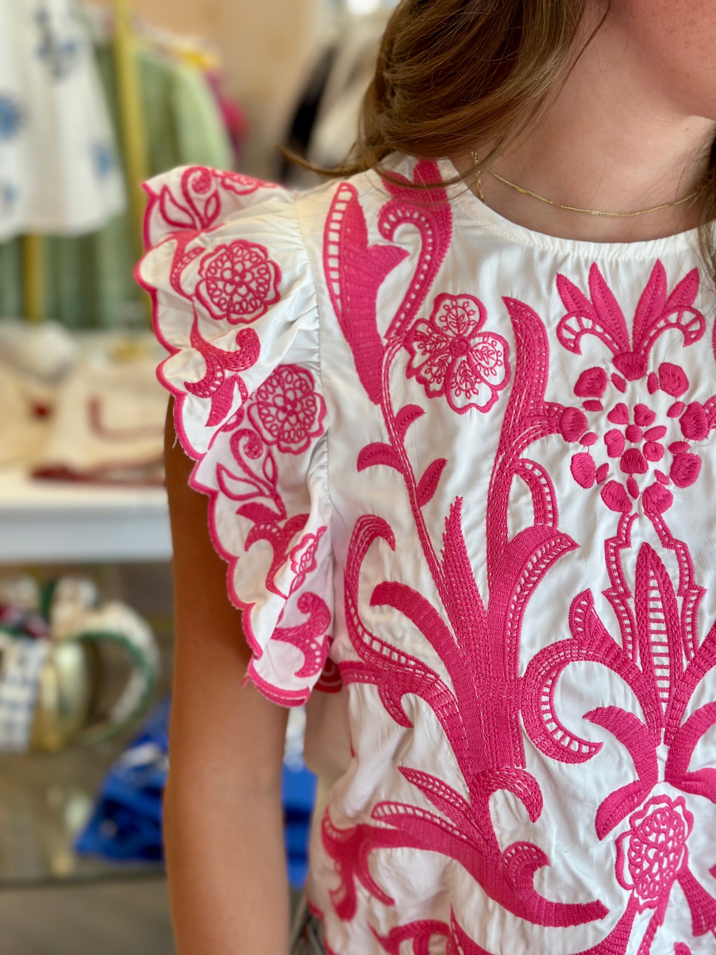 Pink Embroidered Flutter Sleeve Top